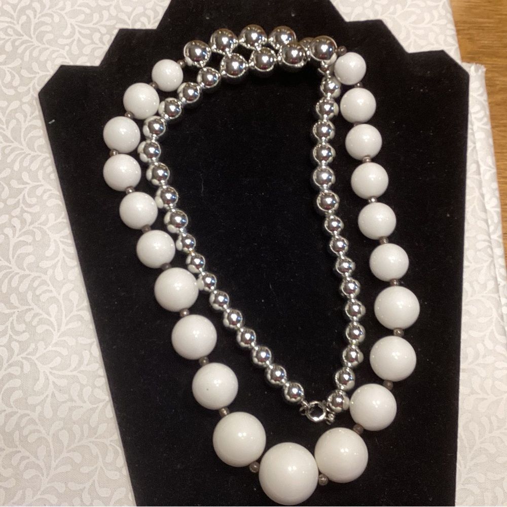 Chic White and Silvertone Beaded Necklace in 34” Length